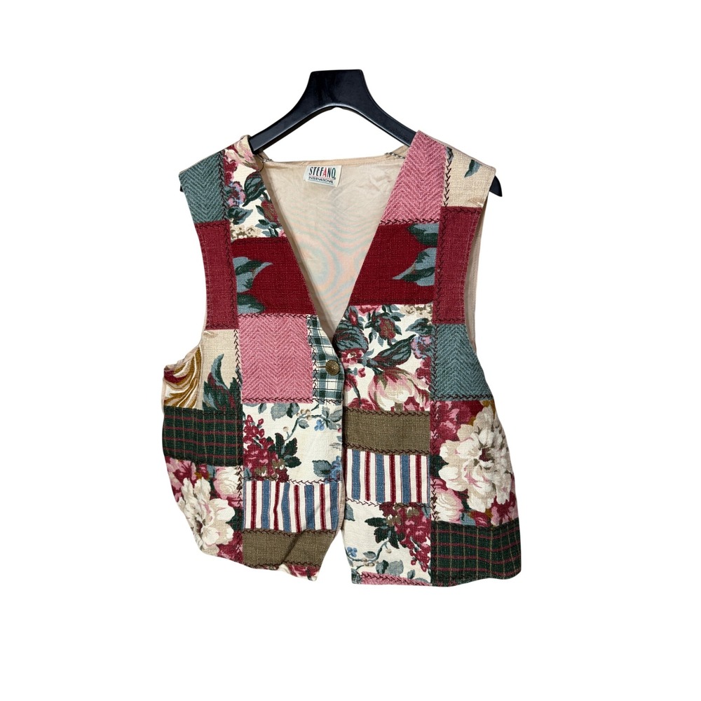 Stefano International Vintage Patchwork Tapestry Floral Plaid Vest Multicolor